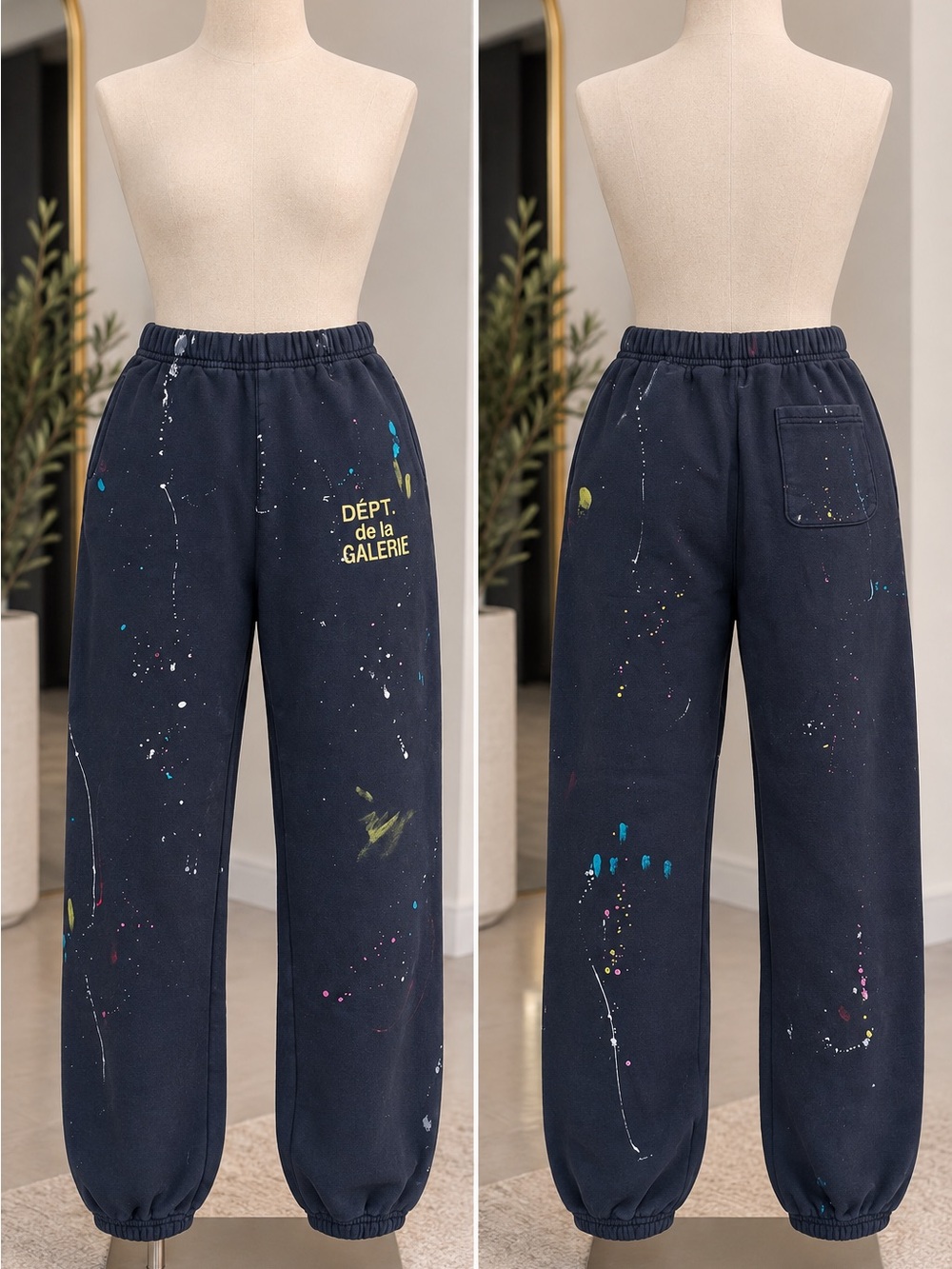 Gallery Dept Navy Paint-Splatter Sweatpants with Yellow Logo